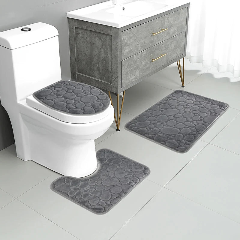 Water-absorbing and Non-slip Bathroom Floor Mat Stone Pattern- 3 Pcs Set