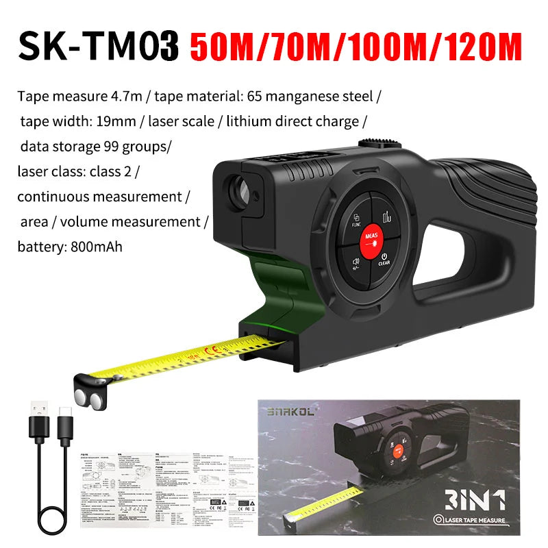 3 in 1 Laser Rangefinder 120M Tape Measure Ruler