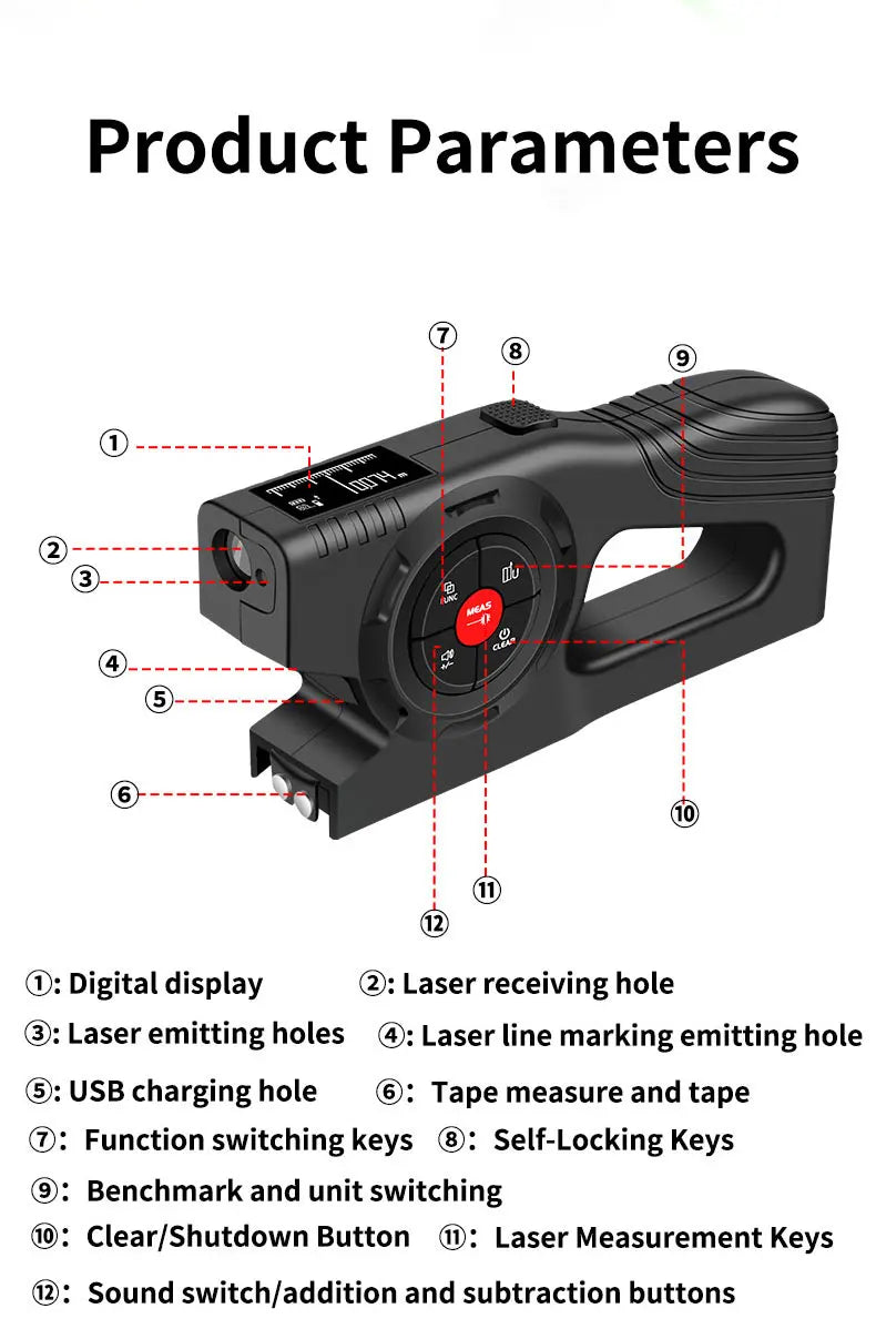 3 in 1 Laser Rangefinder 120M Tape Measure Ruler