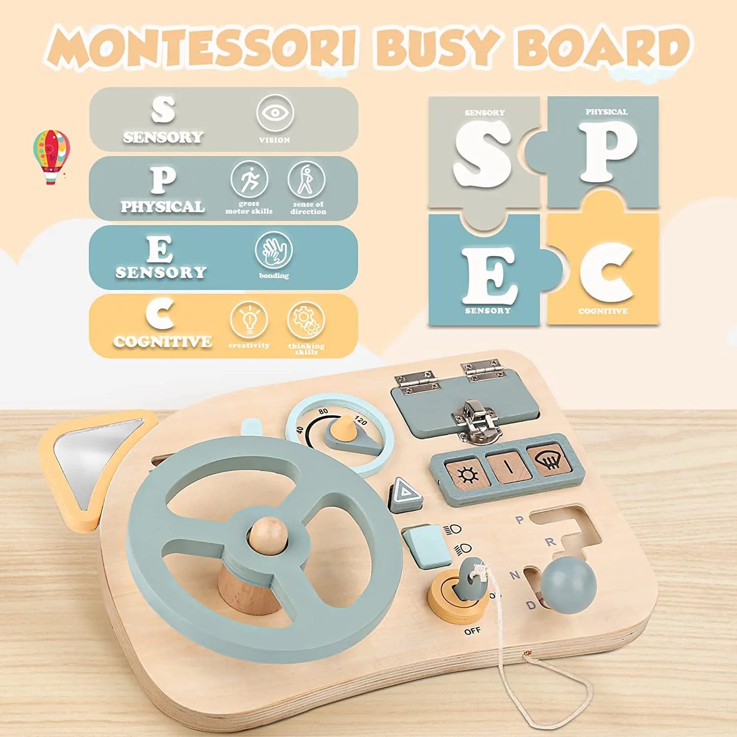Sensory Steering Wheel Wooden Busy Board(3-36 Months)