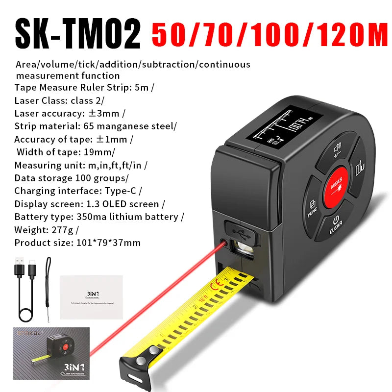 3 in 1 Laser Rangefinder 120M Tape Measure Ruler
