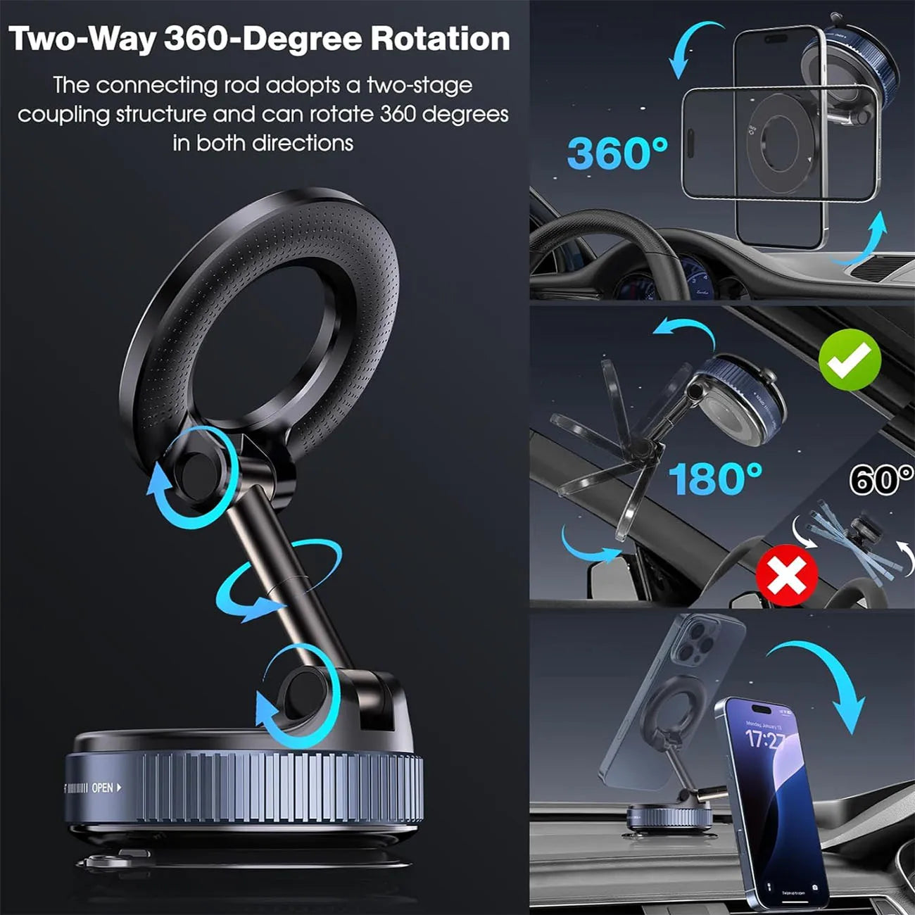 Magnetic Aluminum Alloy Car Phone Holder with 360° Rotation