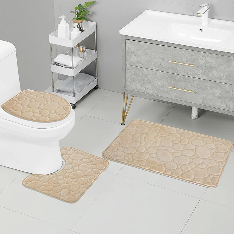 Water-absorbing and Non-slip Bathroom Floor Mat Stone Pattern- 3 Pcs Set