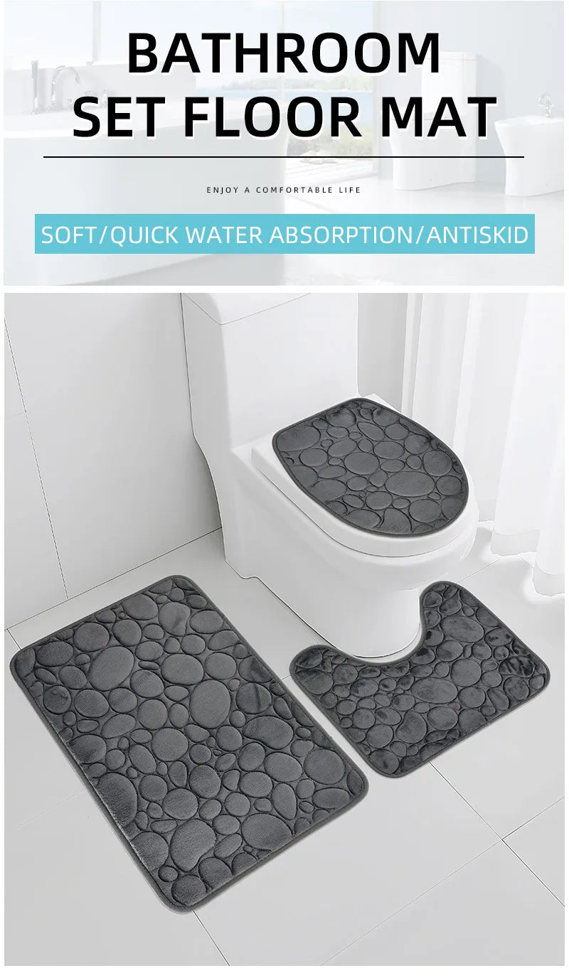 Water-absorbing and Non-slip Bathroom Floor Mat Stone Pattern- 3 Pcs Set