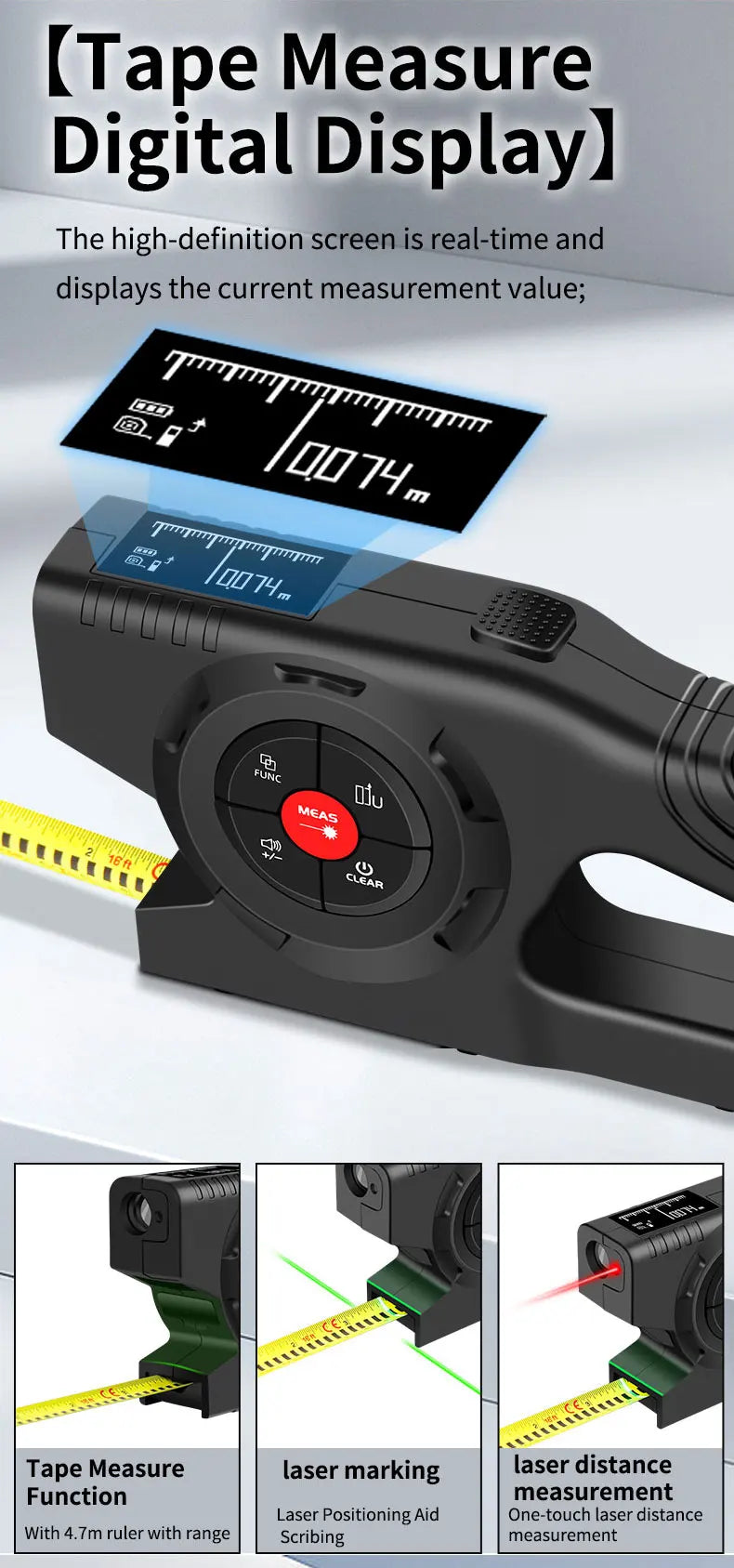 3 in 1 Laser Rangefinder 120M Tape Measure Ruler