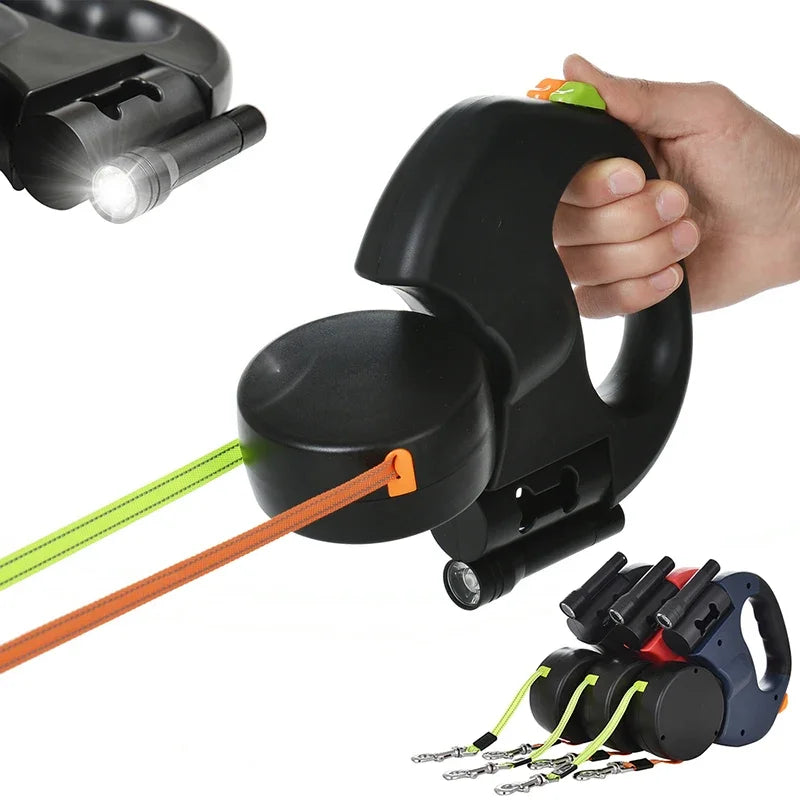 Retractable Dual Doggie Leash with LED Light, No Tangle 360 Swivel