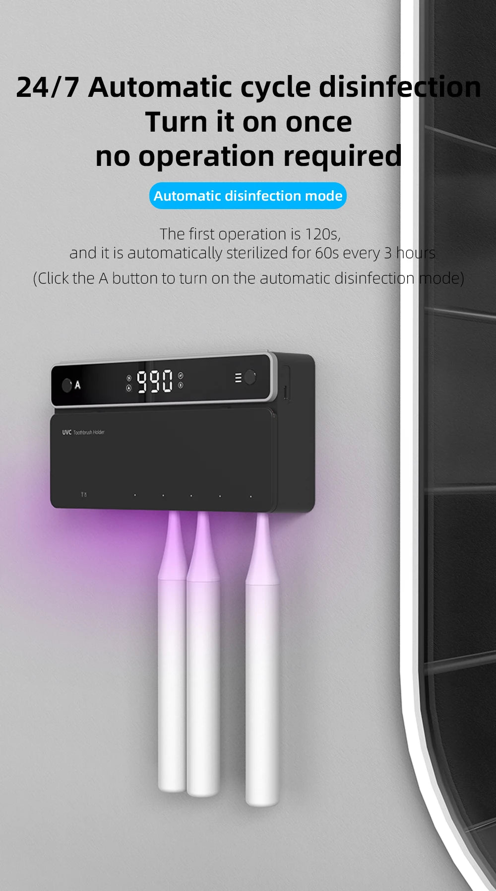 UV Toothbrush Holder with Rechargeable Fast Drying & Sterilization