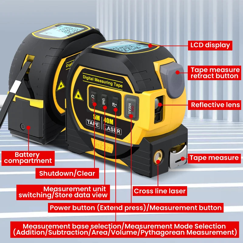 Digital High Precision Laser Tape Measure 3 In 1 Range finder Steel Tape Measure