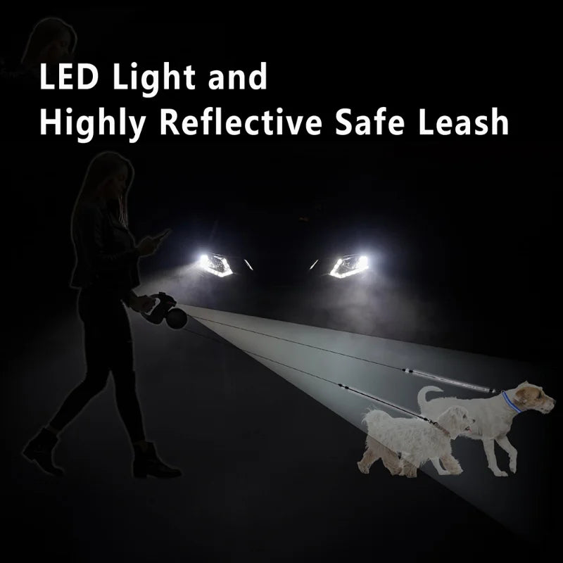 Retractable Dual Doggie Leash with LED Light, No Tangle 360 Swivel
