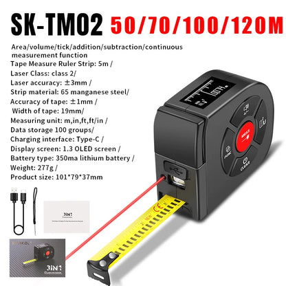 3 in 1 Laser Rangefinder 120M Tape Measure Ruler