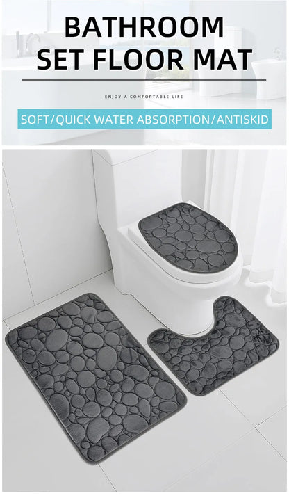 Water-absorbing and Non-slip Bathroom Floor Mat Stone Pattern- 3 Pcs Set