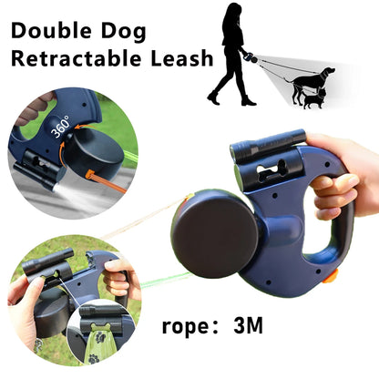Retractable Dual Doggie Leash with LED Light,  No Tangle 360 Swivel